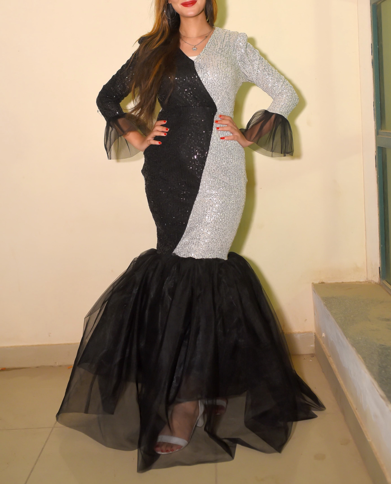 Half silver and half black evening dress